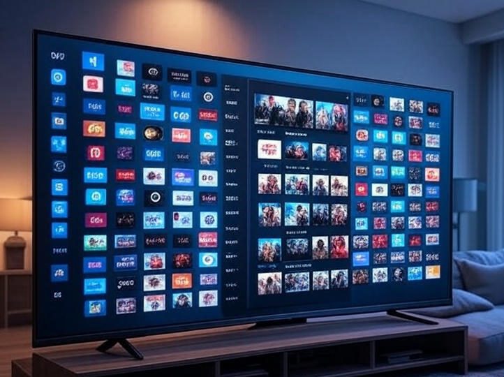 Et glad par sidder i en sofa i en moderne stue og ser på et stort tv, der viser Nordic Stream Xtream IPTV-brugerfladen med danske kanaler, sport og film