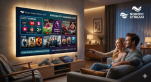 A happy couple sitting on a sofa in a modern living room, watching a large TV showing the Nordic Stream Xtream IPTV interface with Danish channels, sports, and movies